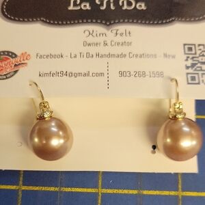 Gold Tone Champagne Color Pearl Faux Earrings